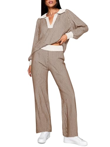 Fisoew Womens 2 Piece Outfits Striped Lounge Sets Knit V