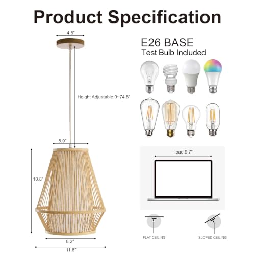 Image of 12 inch Boho Pendant Light, Bamboo Basket Hanging Lamp