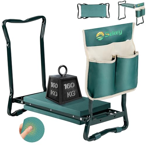 Sekey Höhenverstellbare Kniebank für Gartenarbeit Belastbarkeit 160KG, Gartenhocker Klappbar mit Werkzeugtaschen, Kniehilfe für Gartenarbeiten 60 * 50 * 28 cm, Grün (Standard)