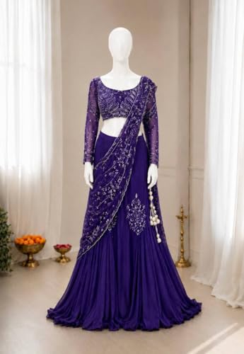 Image of Lehenga choli Womens And Girls Soft Crep Silk Saree With Full-Stitched Blouse With Embroidery Work Wedding navratri party letest