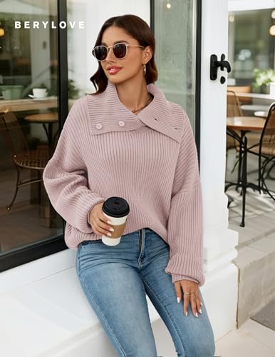 BeryLove Women's Casual Turtleneck Long Sleeve Fall Cable Oversized Pullover Sweater Tops3