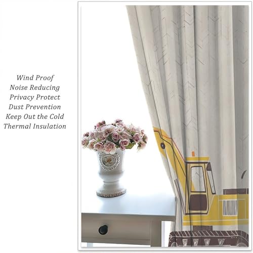 HDESDIS Cartoon Construction Blackout Curtains, Geometric Vehicle Excavator Bulldozer Window Drapes Home Decor Rod Pocket Curtain for Living Room Bedroom, 2 Panels, Each 21\" W x 45\" L