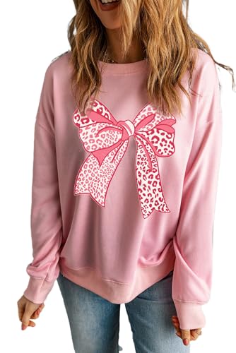 Stylish Long Sleeve Pullover: Pink Leopard Print with Bowknot Details