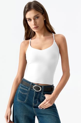 Image of QINSEN Womens Cross Back Tank Top V Neck Double Lined Camisole Top Sleeveless Spaghetti Strap Going Out Tops