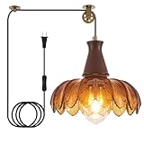 YLONG-ZS Plug in Pendant Light,Hanging Light Plug in Vintage Flower Glass Walnut Wood Pendant Light, Modern Gold Pulley Hanging Lamp for Kitchen Island, Bedroom, Dining Room, Living Room，Corner