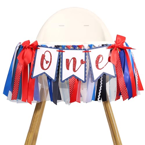Image of Red White and Blue 1st Birthday Highchair Banner - Patriotic First Birthday Party Decoration, Independence Day ONE Highchair Banner for Baby, Fourth of July Photo Props Cake Smash, 4th of July Party Supplies (Patriotic Heart HIgh Chair Banner)