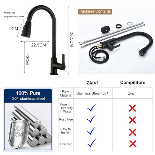 Image of Flora SS-304 Pull Down Sprayer Kitchen Hot and Cold Sink Mixer Tap with 360 Swivel Spout and Pull Out Multifunction Spray Head Faucet - Regular (FU | Black)