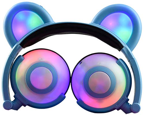 Lifestyle Kids Panda Headphones Bear Ear-Inspired LED, Wired On Over Ear Gaming Headsets 85dB for Kids Tablet, iPad, iPhone, Android, PC (Blue)