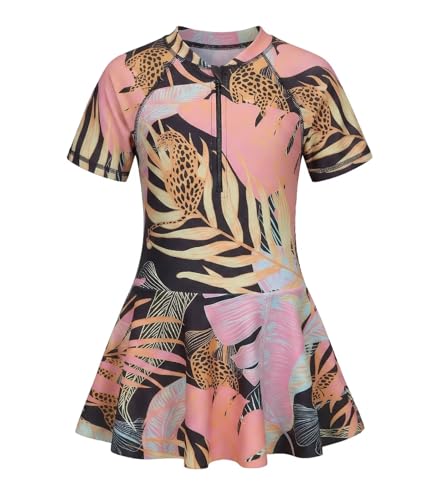 Image of Girls One Piece Swimsuits Bathing Suit for Kids Girls Summer Swim Dress Short Sleeve Swimwear 3-16 Years