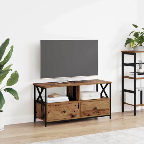 LoogCape Mueble para TV (madera recuperada, 90 x 33 x 45 cm, madera de ingeniería y acero, diseño rústico, con cajón y estante, para salón, armario para medios)
