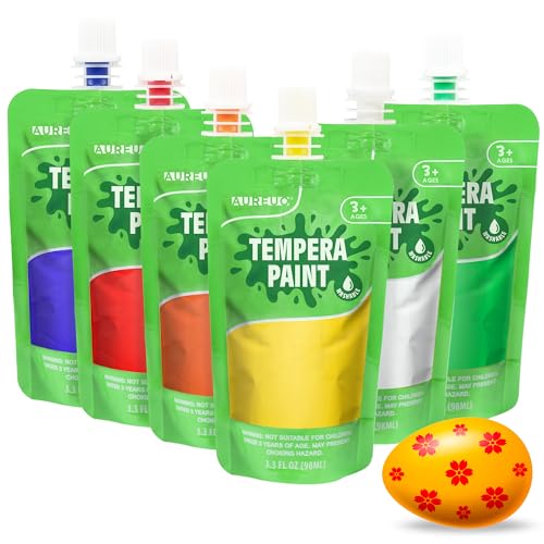 AUREUO Washable Tempera Paint Set, 3.3 Oz./98 ml, 6 Major Colors, Pouch Design Liquid Paint Kit for Kids - Non Toxic Kids Paint Art Supplies for Finger Painting, Arts & Crafts