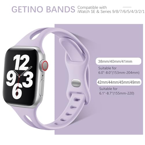 Image of Getino Compatible with Apple Watch Band 40mm 38mm 41mm 42mm iWatch SE Series 11 10 9 8 7 6 5 4 3 2 1 Slim Bands Women Men, Skinny Soft Silicone Sport iWatch Strap, Pink Sand /White /Lavender /Light Green