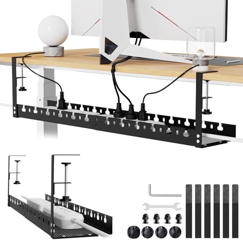 Under Desk Cable Management Raceway Clamp 2 Hole 31 Inch No Drill Cord Organizer for Standing Desk Sturdy Metal Office Desk Wire Management - No Damage to Table