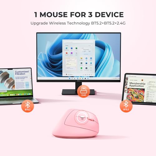 Image of MEETION Pink Wireless Ergonomic Mouse, Bluetooth Vertical Rechargeable Mice, 4 Adjustable DPI 800-2400, Bluetooth 5.2+5.2+USB Mouse for Windows /Mac, for Laptop /PC /Desktop /Computer /iPad