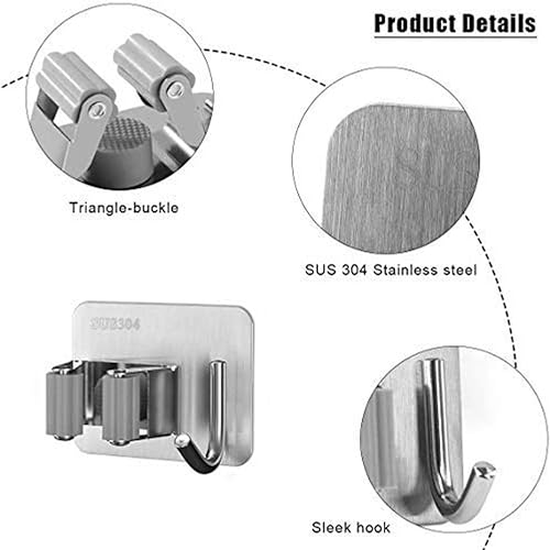 Image of JIALTO SUS 304 Stainless Steel Broom & Mop Holder Wall Mounted Organizer, Heavy Duty No Drill Storage Rack with Hooks for Bathroom, Kitchen, Office, Closet & Garden (Pack of 2)