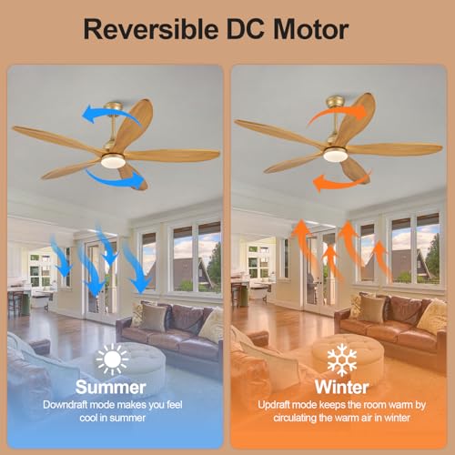 Image of Dimmable 60 Inch Large Outdoor Ceiling Fan with Light and Remote, Wood Big Ceiling Fans with Lights and Remote Gold 5 Blade Outdoor Ceiling Fans for Patios Bedroom Living Room, 6 Speed DC Motor