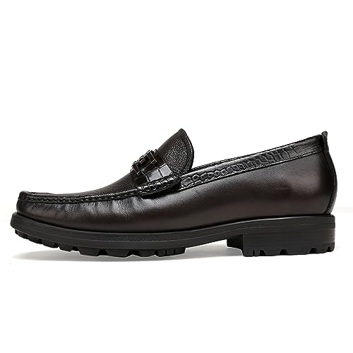 Image of Mens Leather Penny Loafers, Classic Crocodile Printed Business Dress Shoes with Metal Buckle Slip on Penny Shoes for Mens