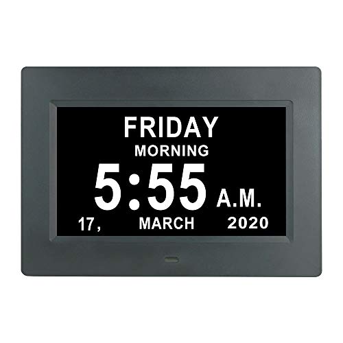 7 Inch Digital Calendar Day Date Clock-12 Alarm Options with Auto-Dimming,Extra Large Non-Abbreviated Day&Month Memory Loss Clock for Seniors,Dementia,Impaired Vision (Black)