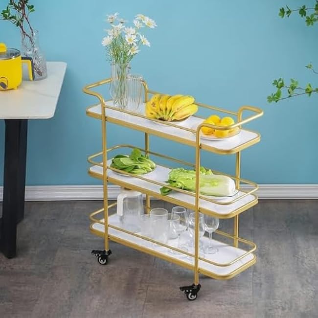 Storage Cart For Variety Applications 3 Tier Kitchen Storage Cart Iron Storage Trolley With Wheels Rolling Cart Eco-Board Serving Cart For Home Hotel Bathroom Kitchen(Gold+White-58*30*80Cm)-pRSF0WIx