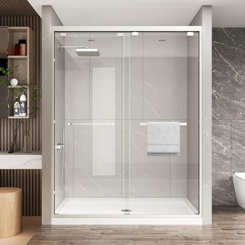 KPUY Glass Shower Door, 55-60' W x 76' H Semi-Frameless Double Sliding Shower Door, 1/4' (6mm) Thick Tempered Clear Glass with Explosion-Proof Film Nano Coating, Brushed Nickel