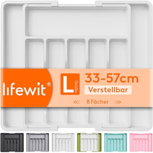 Lifewit Besteckkasten für Schubladen 40 50, verstellbarer Kunststoff Organizer Küche Tiefe 38 cm, Besteckeinsatz 6-8 Fächer, erweiterbar bis 57 cm, für Löffel, Gabeln und Geschirr, Weiß