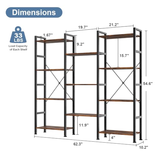 Image of DUMOS Triple Column 4 Tier Bookshelf, Wide Industrial Bookcase, Brown | Convertible Display Unit, Adjustable Shelves for Living Room & Home Office, Freestanding Storage Decor Organizer