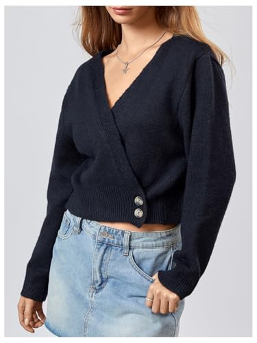 Image of WDIRARA Women's Wrap V Neck Sweater Button Front Long Sleeve Crop Knitted Top