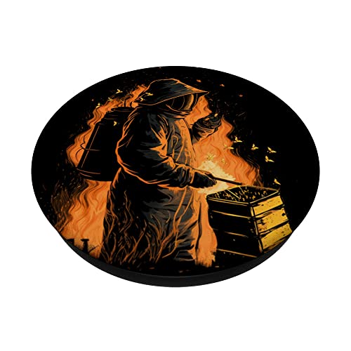 Beekeeper At Beehive Flames Retro Bees Breeder Fire PopSockets Swappable PopGrip, Black - Image 2