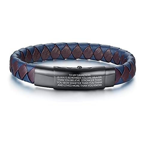 PJ JEWELLERY to My Grandson Always Remember You are Braver Inspirational Message Engraved Handmade Braided Leather Bangle Wristband Bracelet Graduation Anniversary Memoria Gift for Men Boy Adjustable Cover