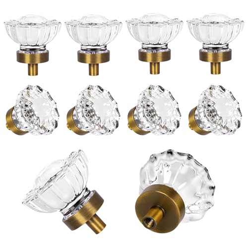 SHINY HANDLES 8 Pack Antique Brass Cabinet knobs Glass Cabinet Knobs and Pulls Vintage Crystal Knobs for Dresser Drawer Cupboard