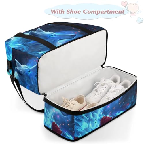Large Weekender Overnight Bags Animal Wolf Blue Travel Duffel Bag for Women Men Gym Bag With Shoe Compartment Foldie Travel Tote Bag Carry On Personal Item Bag for Travel Gym Sports4