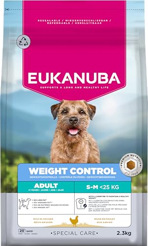 Eukanuba Weight Control Hundefutter mit Huhn für kleine- & mittlere Rassen- Fettarmes Special Care Trockenfutter zum Gewichtserhalt oder zur Diät bei Übergewicht, 2, 3 kg