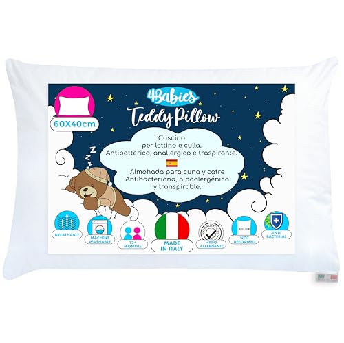 4BABIES - Almohada 40X60 Bebe de 1 año en adelante, Cojin Bebés de Fibra Transpirable, Hipoalergénico, con Forro 100% Algodón Italiano, Antiácaros