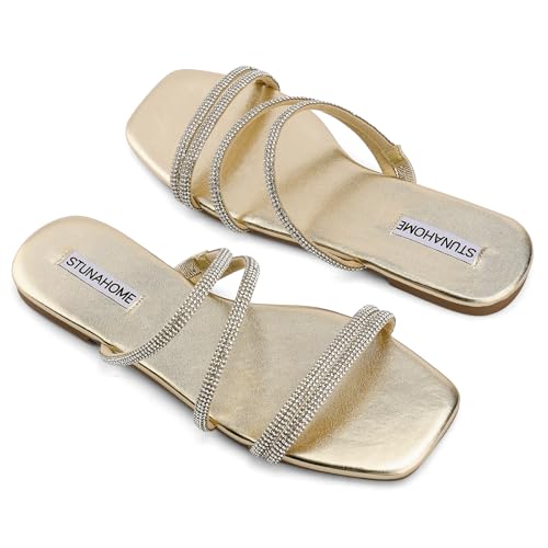 Image of STUNAHOME Women's Rhinestone Thong Flat Sandals Open Toe Slide Sandals with Square Toe Bling Strap