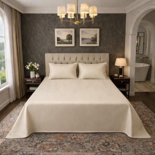 Image of Dream Living Stripe King Bedsheet with 2 Pillow Covers | 120 GSM | 275x275 Cm | Beige