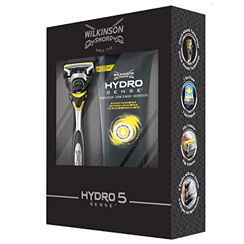 Wilkinson Sword Hydro 5 Sense Duo Set - Pack de Afeitado con Maquinilla de Afeitar de 5 Hojas para Pieles Sensibles + Crema de Afeitar Ultra Hidratante 177 ml