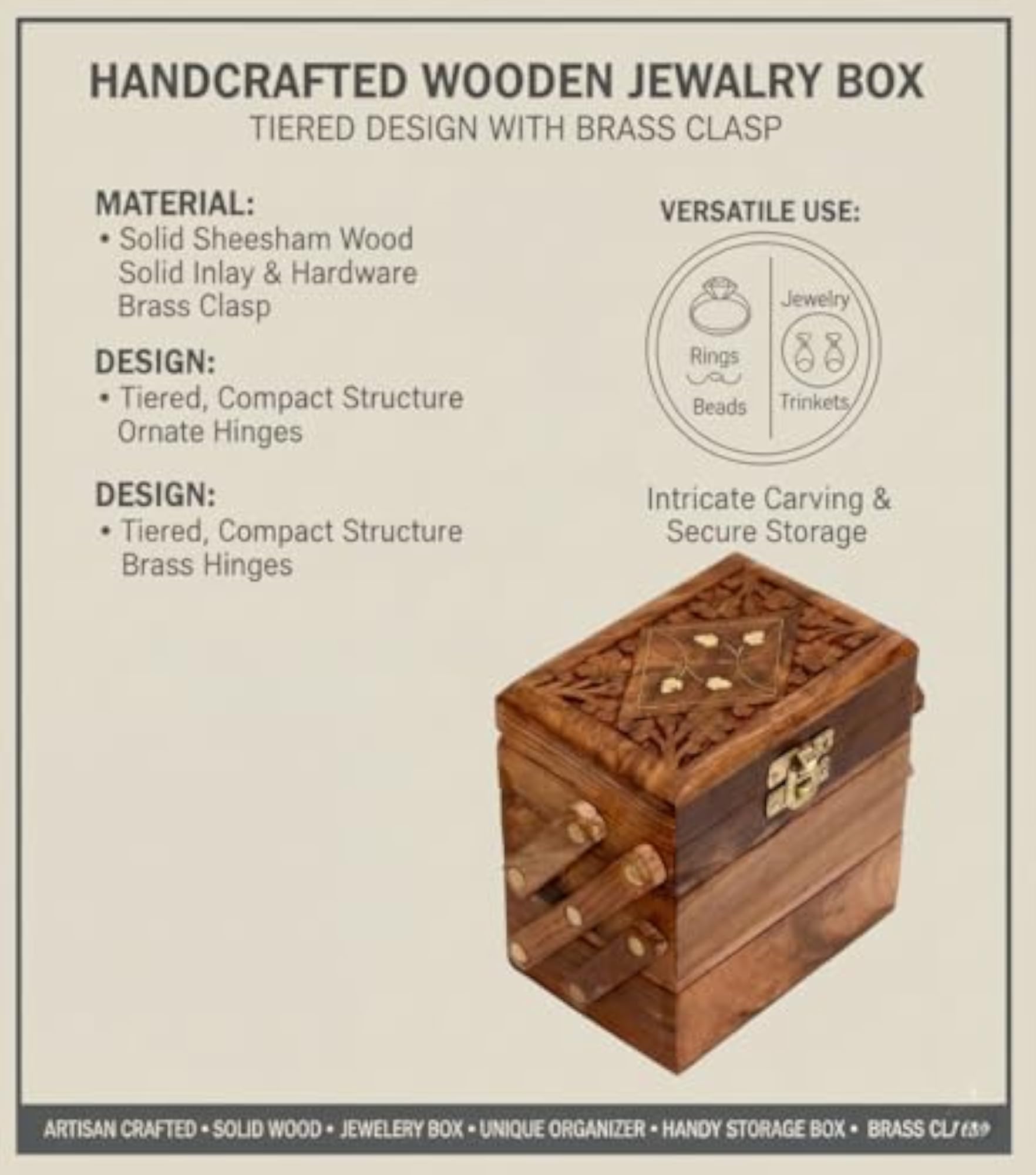 Big Wooden Box for Jewellery, Elegant Storage Organizer