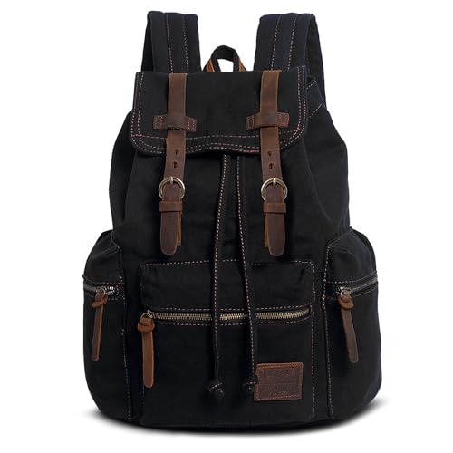 VARLIVOO Retro Hombre Mochila Estudiante Mochila 15,6' Portátil Universitaria Mochila de Hombre Viajar Colegio Cámping Lona Negro