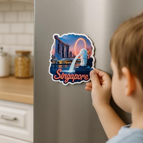 Image of Naxon Singapore Country Theme Souvenir Wooden Refrigerator Stylish Fridge Magnet - Travel Collectible Gift | Fridge Decoration Magnet for Kitchen & Home Decor | Size 3x3 Inches | Pack of 1