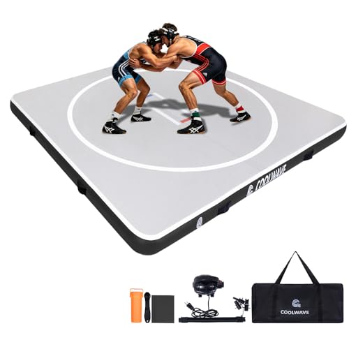 COOLWAVE Inflatable Wrestling Mat and Jiu Jitsu Mats for Home Gym or Outdoor Training Great for BBJ MMA Martial Art Grappling Judo Boxing Yoga and More with Soft Landings and Good Bounce (Light Gray+Black 10FT)