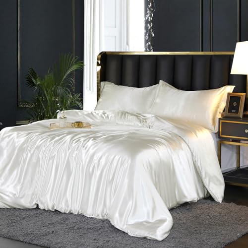 DXHOME Juego de ropa de cama de satén brillante, 220 x 240 cm, color blanco, beige, crema, seda, liso, satinado, liso, color blanco, microfibra, funda nórdica doble con cremallera y fundas de almohada