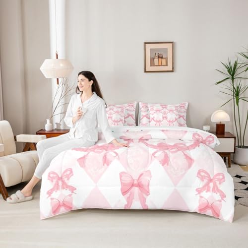 Image of Watercolor Bow Bed in a Bag Queen Comforter Set 7-Piece | Pink Bow Tie Bedding Sets Dreamy Princess Style Bowknot Comforter and Sheet Set, Girly Pink Bow Room Decor,Cute Room Decor Aesthetic Kawaii