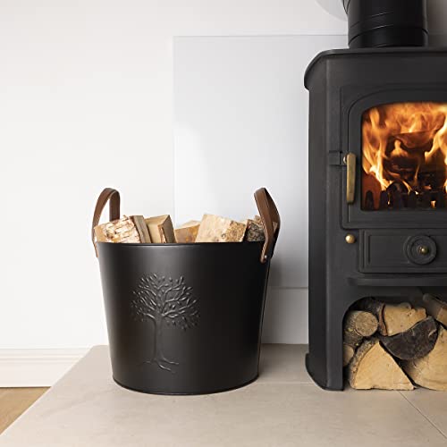 CHARLES BENTLEY Bucket Snug Mulberry Wood Bucket Timeless Style Iron Large Bucket 6kg Capacity Real Leather Iron Log Bucket Timeless Style Contrasting Colour Handles (36x35x31cm)