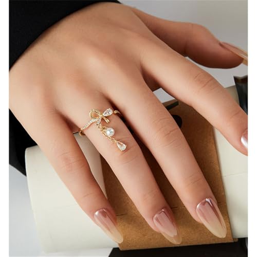 Cubic Zirconia Bow Open Ring Pearl Teardrop Tassel Dangle Adjustable Sweet Ribbon Knot Wrap Finger Band Engagement Promsie Rings for Women Christmas Jewelry4