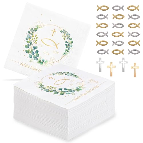 Forhandy 80 Stück Servietten Taufe 33x33cm mit Fisch und Eukalyptus Weiß - 50pcs Holz Fischdekoration Tischdeko mit Spruch Schön dass Du Da Bist für Hochzeit Babytaufe