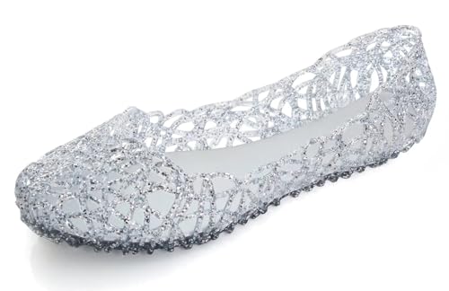 Image of Stunner Women Beach Jelly Shoes Slip On Crystal Summer Hollow Ballet Flats | Summer Cool PVC Breathable Outdoor Indoor Dressy Flat Sandals for Holiday Shopping Spa Swimming Pool