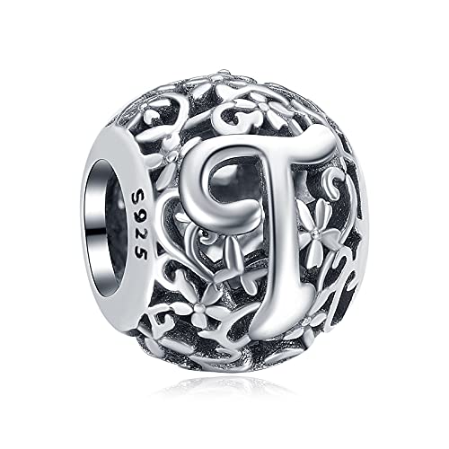 Annmors Damen Buchstabe T Charms für Armband 925 Sterling Silber Anhänger Vintage Alphabet Bead Buchstabieren Sie das Wort Sammlung