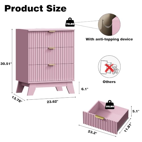 Image of Xixini Fluted Nightstand with Charging Station, Tall Bedside Table, Pink