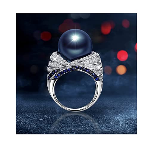 Fashion and Popular Blue Pearl Zircon Ring Retro Atmosphere Retro Style Ring Hand Jewelry (Blue, 8)