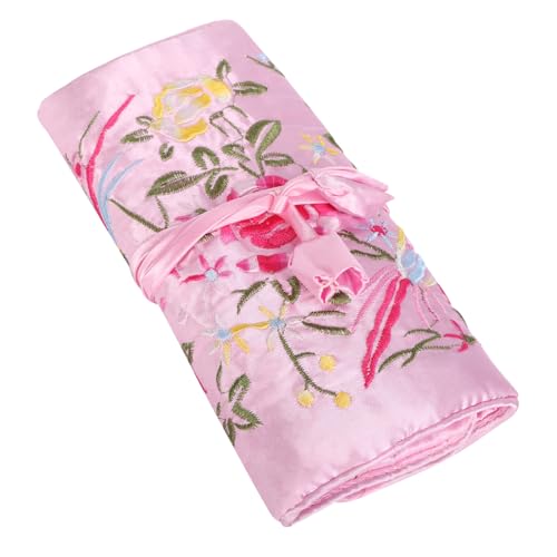Fashion Chinese Organizer Travel Pouches, Chinese Embroidery Travel Jewelry Roll with Flowers and Bird Embroidery, Jewellery Bag for Necklaces, Ring, Bracelet Storage, Pink